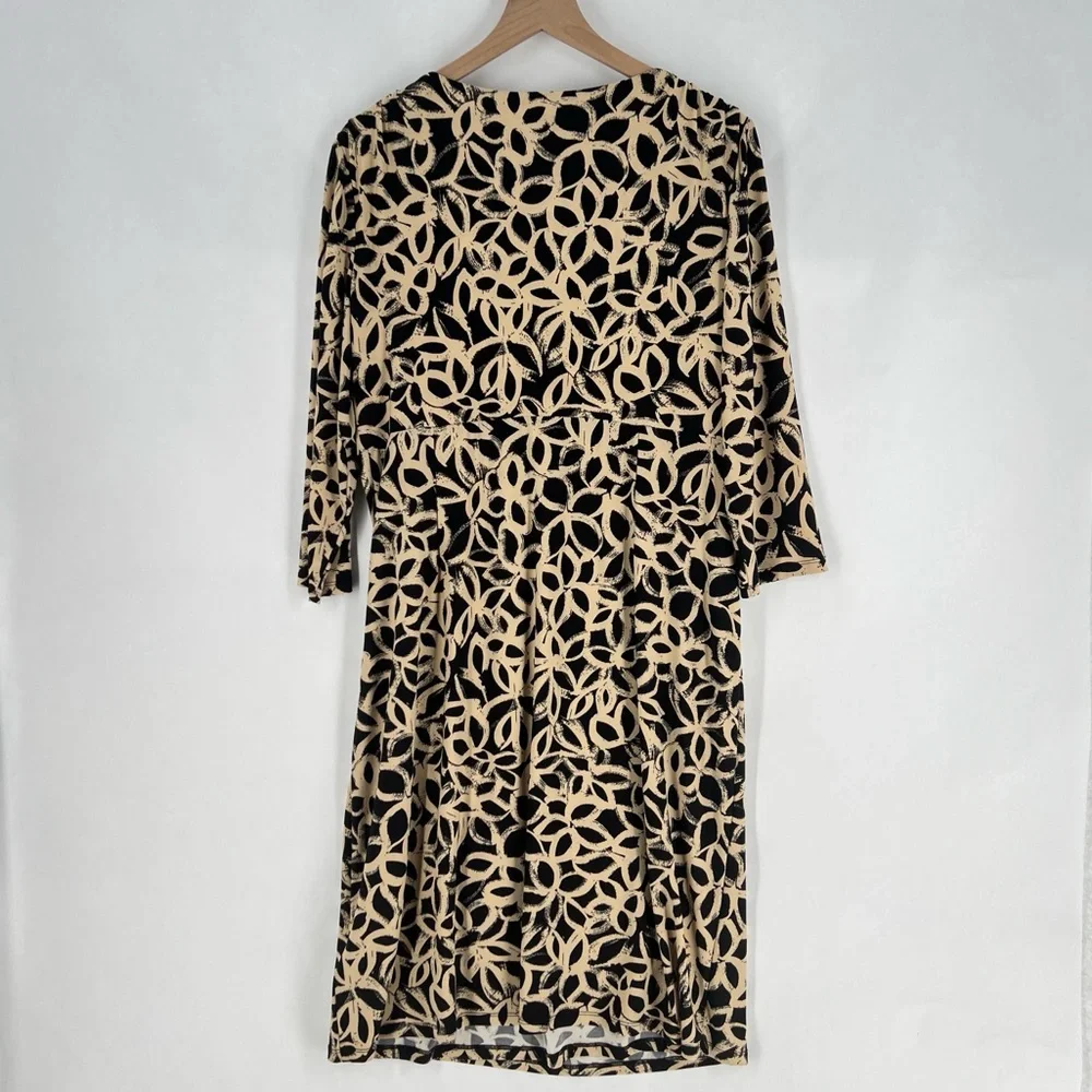 Ralph Lauren Black Tan Floral Stretch Jersey Knit 3/4 Sleeve Faux Wrap Dress 14W